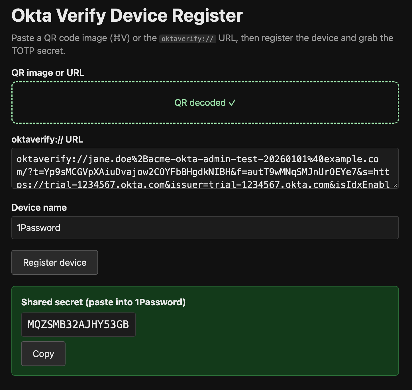 Okta Verify Device Register showing the shared secret