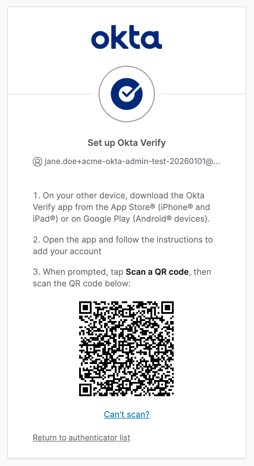Okta Verify setup with a QR code